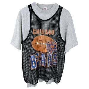 Chicago Bears VTG SZ L Single Stitch Unisex Gray Tee With Mesh Tank Overlay RARE